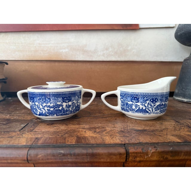 1960s Blue Willow Sugar Bowl With Lid and Creamer For Sale - Image 10 of 12