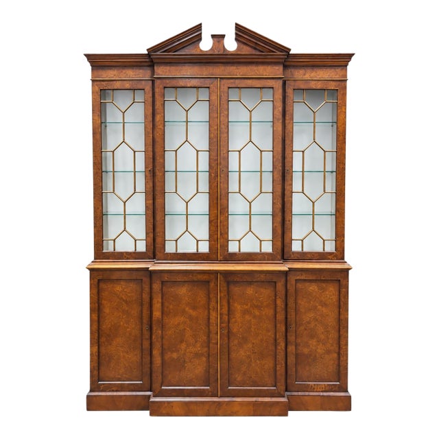 English Smith Watson Chippendale Style Burl Yew Wood Bookcase Cabinet For Sale