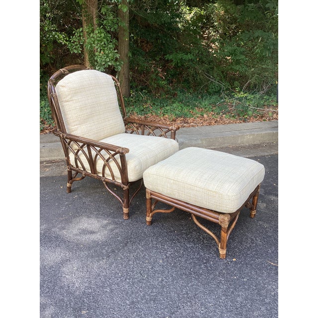 Vintage McGuire Rattan Lounge Chair and Ottoman With New Upholstery For Sale - Image 10 of 11