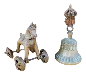 Antique Asian Cast Bronze Horse on Wheels and Tibetan Bell