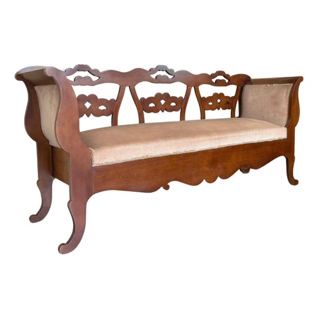 20th Century Catalan Bench in Walnut with Upholstered Seat and Arms For Sale