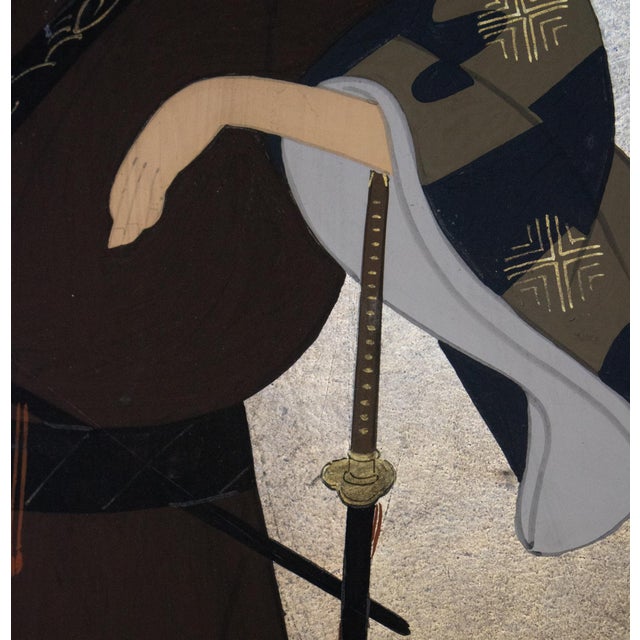 Showa Era Japanese Painted Panels "Samurai & Bijin", a Pair For Sale - Image 9 of 17