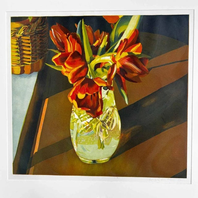 Colorful lithograph 'Tulips' by Sally Mara Sturman from 1981. Signed, dated, and numbered in pencil by the artist. Number...