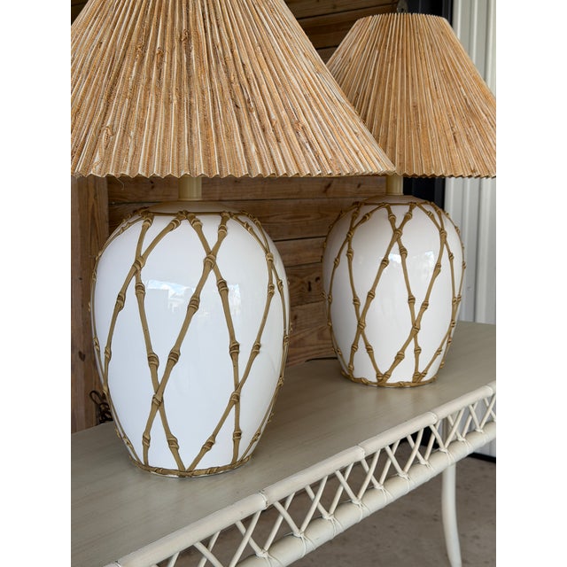 White Vintage Hollywood Regency Boho Faux Bamboo “Icing” Ceramic Table Lamps With Raffia Shades - A Pair For Sale - Image 8 of 12