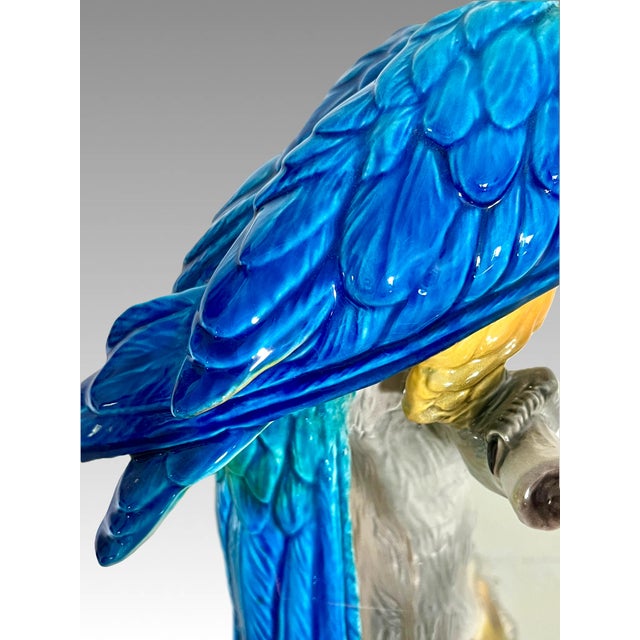 Large Mid Century Italian Royal Blue and Yellow Ceramic Hand Painted Majolica Macaw (Parrot) For Sale - Image 9 of 12