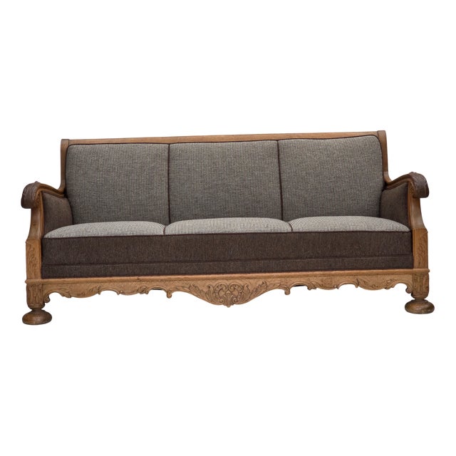 Danish 3-Seater Sofa in Wool and Carved Oak, 1950s For Sale
