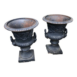 Large Capagna Form Black Cast Iron Planters Urns - a Pair For Sale