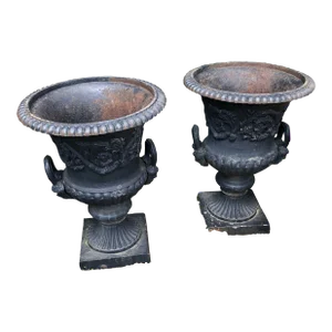 Large Capagna Form Black Cast Iron Planters Urns - a Pair