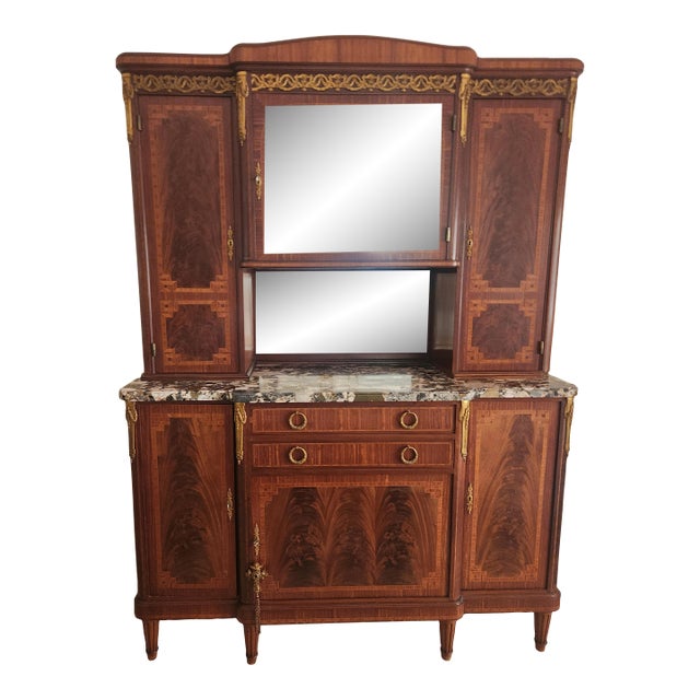 French Louis XVI Style Marble Top Buffet Sideboard Inlay For Sale