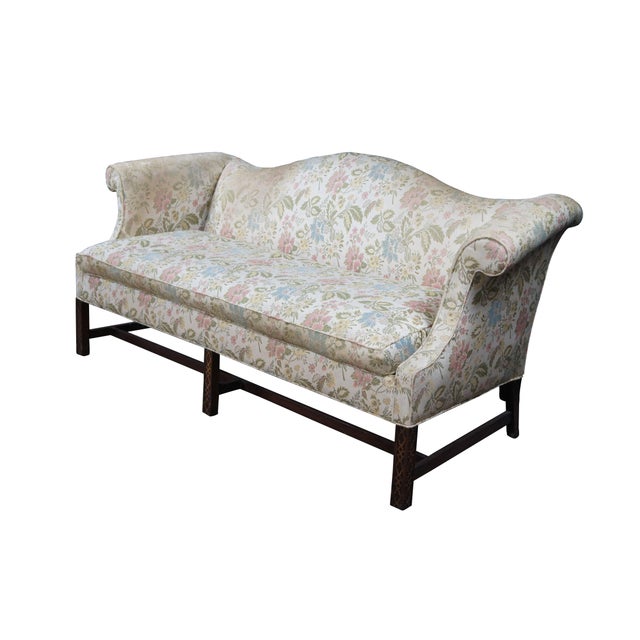 Vintage Southwood Chinese Chippendale parlor settee / sofa / couch featuring a camelback design with floral upholstery,...