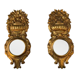 Pair Hollywood Regency Bullseye Mirrors With Ornamental Gilt Frame in the Form of Flower Baskets