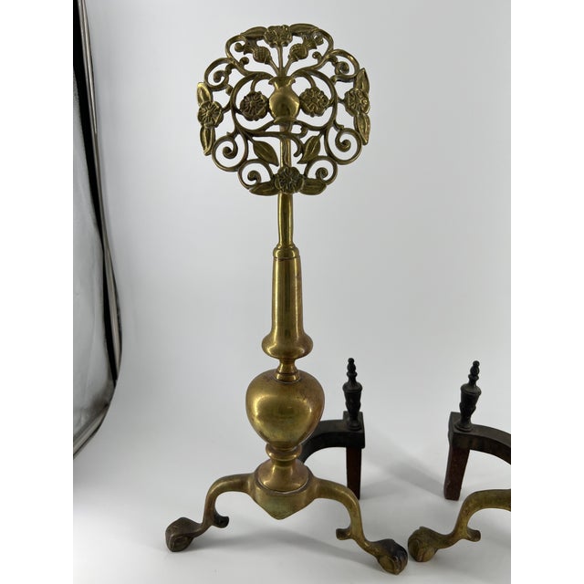 Metal 1920s Brass Andirons With Pierced Floral Design- a Pair For Sale - Image 7 of 8