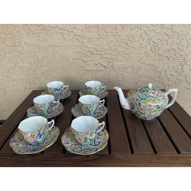 Mid-Century Modern Vintage English Bone China Rosina Flower & Paisley Pattern Teapot With 6 Cups and Saucers For Sale - Image 3 of 8