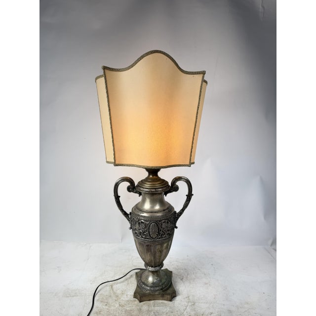 Antique Brass Table Lamp with Silk Shade, 1890s For Sale - Image 9 of 18