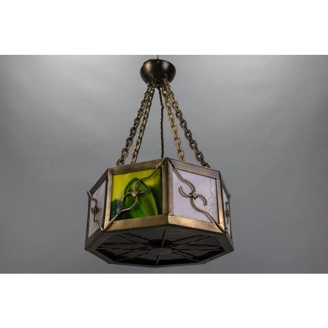 Mid-Century Octagonal Patinated Metal and Art Glass Pendant Light, Germany For Sale - Image 15 of 18