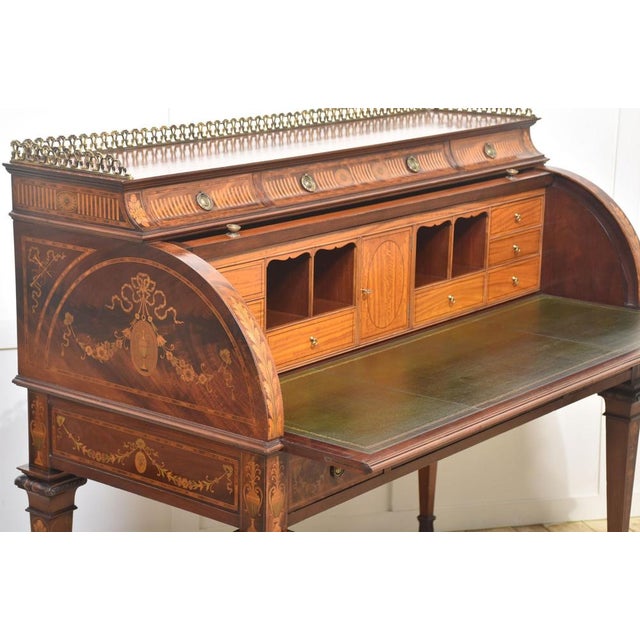 Sheraton Revival Marquetry Inlaid Cylinder Desk For Sale - Image 12 of 18