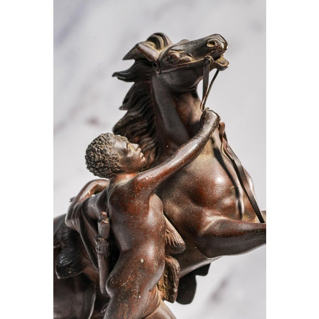 Neoclassical Style Antique Victorian Cast Metal Statue Man With Horse Equestrian Home Decor For Sale - Image 4 of 15