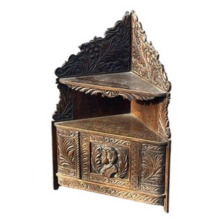 Victorian Corner Wall Cabinet in Oak with Fine Carved Figure and Decoration For Sale