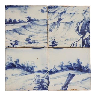 19th Century Set of Four Tiles Blue & White Depicting a Hand, Landscapes and a Hand Holding a Fan For Sale