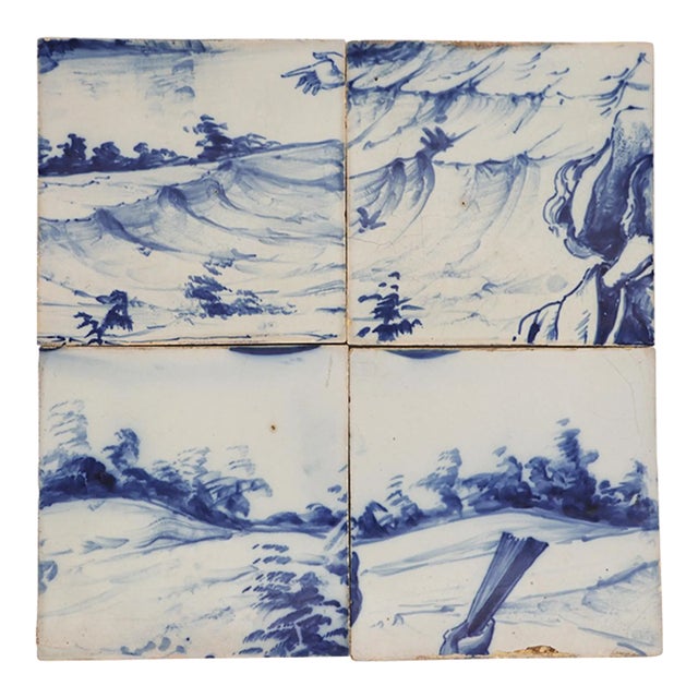 19th Century Set of Four Tiles Blue & White Depicting a Hand, Landscapes and a Hand Holding a Fan For Sale