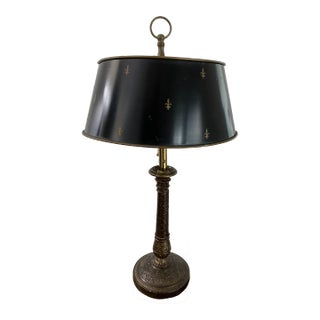 Early 20th Century Carved Bronze Brass Candle Bouillotte Lamp With Metal Toleware Black Fleur De Lis Shade For Sale