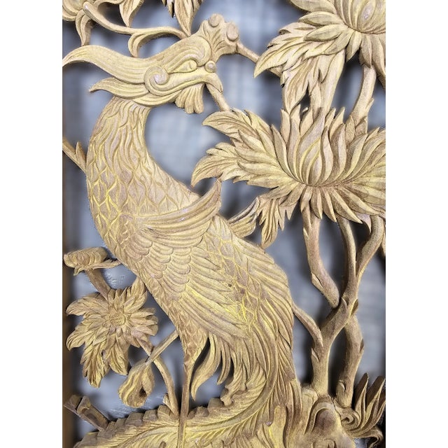 1970s 1970s Vintage Phoenix Peony Chinese Relief Carved Wood Panel Wall Sculpture For Sale - Image 5 of 11
