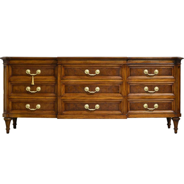 Mid Century French Regency Burled Walnut 9-Drawer Dresser With Brass Hardware by Karges Indiana For Sale - Image 14 of 14