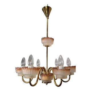 Mid-Century Czech Brass and Frosted Glass 6-Arm Chandelier, Železný Brod, 1960s For Sale