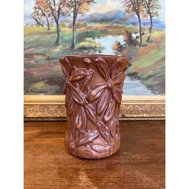 Ceramic Vintage Red Wing Pottery Brown Glazed Floral Relief Vase For Sale - Image 7 of 10