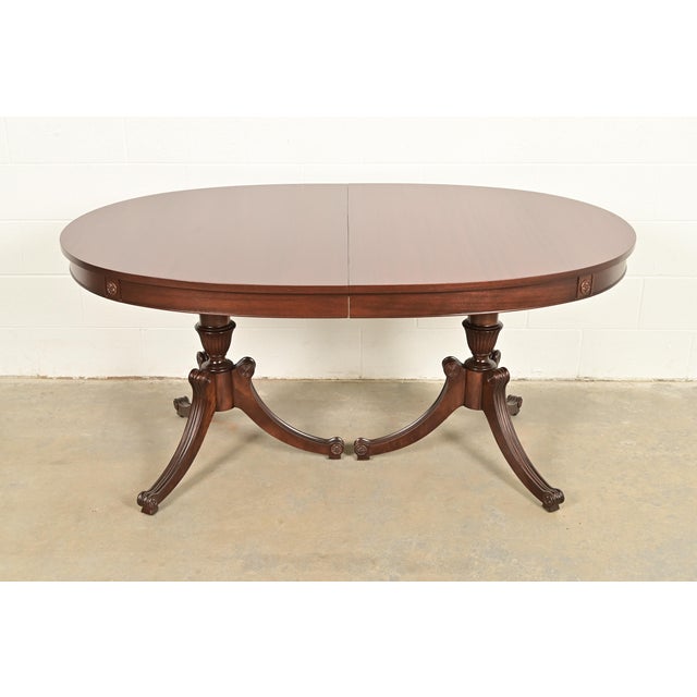 Baker Furniture Style Regency Mahogany Double Pedestal Extension Dining Table, Newly Refinished For Sale - Image 14 of 14