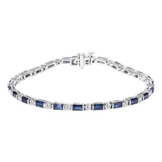 14K White Gold 1 1/10 Cttw Diamond and Blue Sapphire Alternating Link Tennis Bracelet (I-J Color, SI2-I1 Clarity) - 7" Inches For Sale