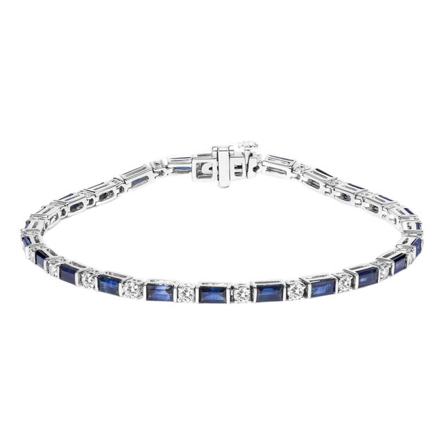 14K White Gold 1 1/10 Cttw Diamond and Blue Sapphire Alternating Link Tennis Bracelet (I-J Color, SI2-I1 Clarity) - 7" Inches For Sale