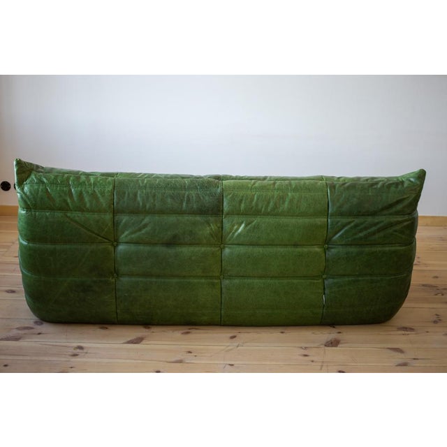 Togo Three-Seater Sofa in Dubai Green Leather by Michel Ducaroy for Ligne Roset, in Very Good conditions. Designed 1970 to...
