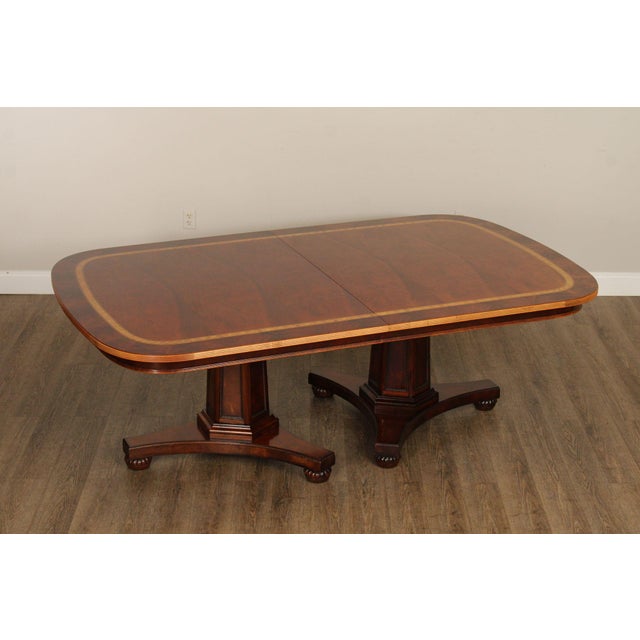 High Quality American Made Banded Mahogany Double Pedestal Dining Table With One Large