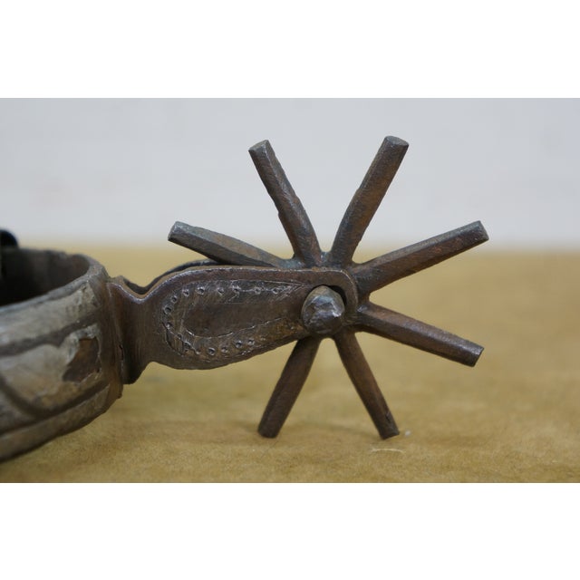 Black Antique Southwestern Mexican Spanish Cowboy Iron Copper Inlay Horse Spurs For Sale - Image 8 of 16