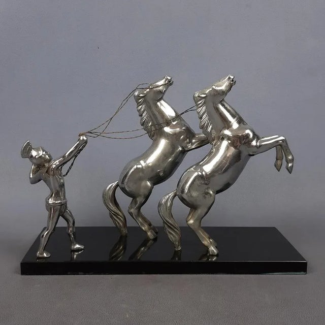 Antique Chromed Metal Sculpture of Roman Horse Trainer on Marble Base, 1930 For Sale - Image 16 of 16