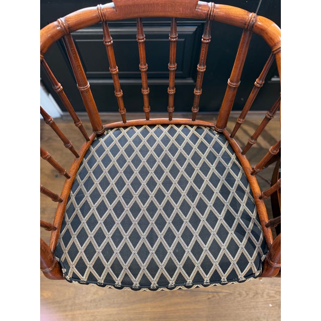 Pair of Baker Furniture Attributed Faux Bamboo Barrel Back Armchairs With Original Cane Seats & Cushions For Sale - Image 6 of 18