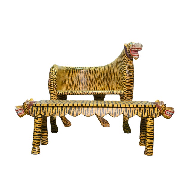 1990s Hand-Painted Wooden Tiger Bench Folk Art Accent For Sale - Image 4 of 5