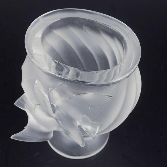 René Lalique Vase, 1970s. Frosted crystal vase featuring two swallows in relief, a classic motif within the Lalique...