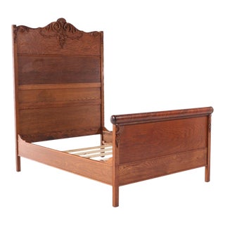Late Victorian Carved Quartersawn Tiger Oak Full Size Bedframe For Sale