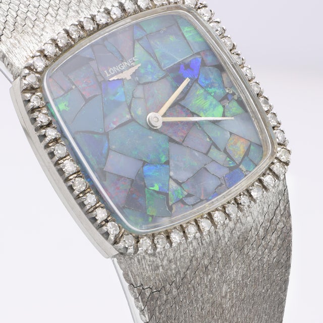 Metal Vintage Longines Opal Mosaic Dial 34mm Diamond Bezel 18k White Gold Watch For Sale - Image 7 of 14