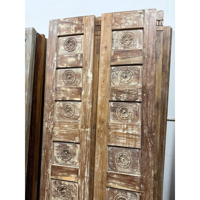 Vintage Carved Wood Closet Doors | Brown Floral Reclaimed Double Door, Rustic Indian Architectural Panels 80x28 For Sale - Image 4 of 7