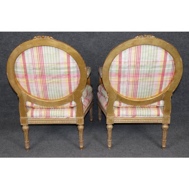 Pair of Louis XVI Style Gilt Carved Arm Chairs With Plaid Upholstery For Sale In Philadelphia - Image 6 of 15