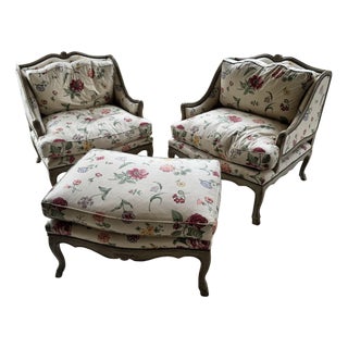 Minton Spidell Pair of Louis Seize Style Painted and Upholstered Bergères For Sale