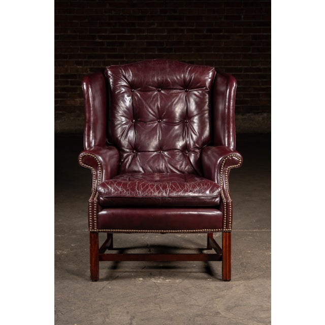 Queen Anne Mid 20th Century Tufted Leather Wingback Chesterfield Armchair With Ottoman in Oxblood For Sale - Image 3 of 15