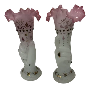 Mid 20th Century Enamel Jewel Satin Glass Crimp Hand Vases - a Pair