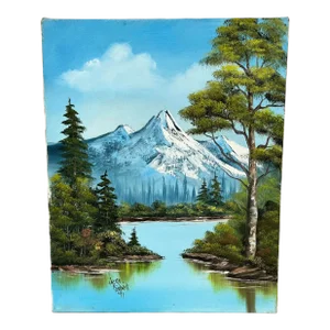 Original Oil on Canvas Landscape Lake/ Mountain Scene Signed by Artist