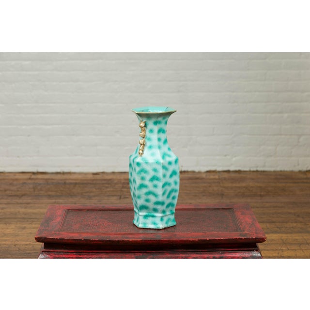 Ceramic Vintage Chinese Turquoise Vase with Spotted Design and Hexagonal Neck For Sale - Image 7 of 10