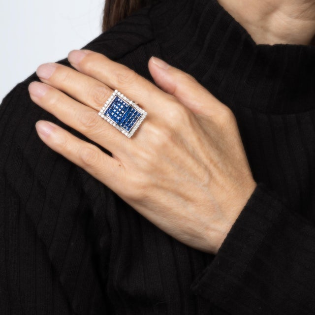 Invisible Set Sapphire Diamond Ring Large Square Cocktail 18k White Gold Sz 8 For Sale In Los Angeles - Image 6 of 7