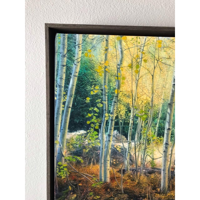 Contemporary Enchanted Light by Thane Gorek | Gouache and Oil on Canvas Landscape of golden aspen trees For Sale - Image 3 of 4